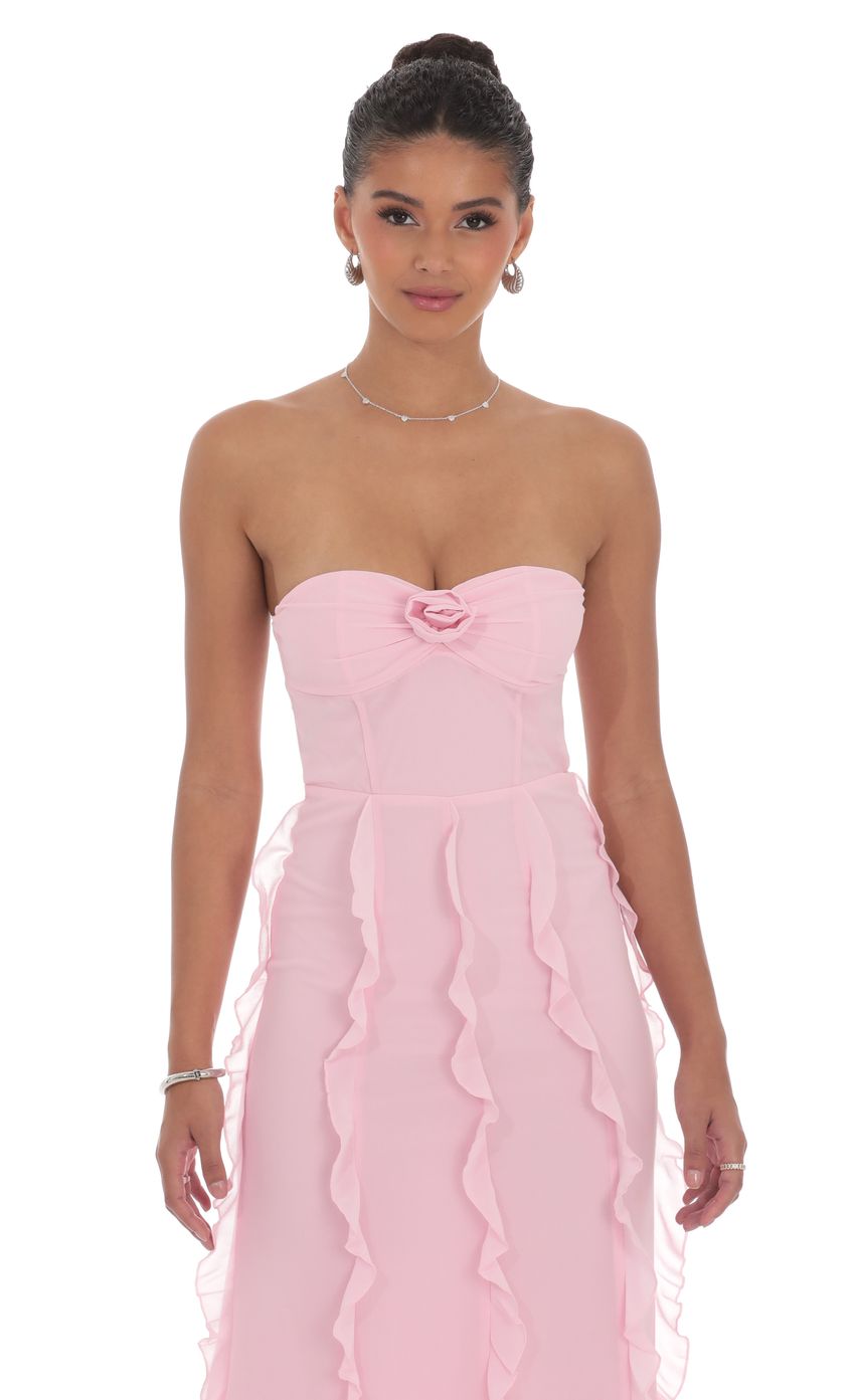 Lucy In The Sky Chiffon Rosette Ruffle Maxi Dress in Pink