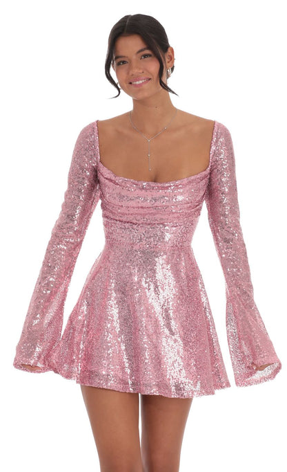 Lucy In The Sky Sequin Flare Dress in Rose Gold