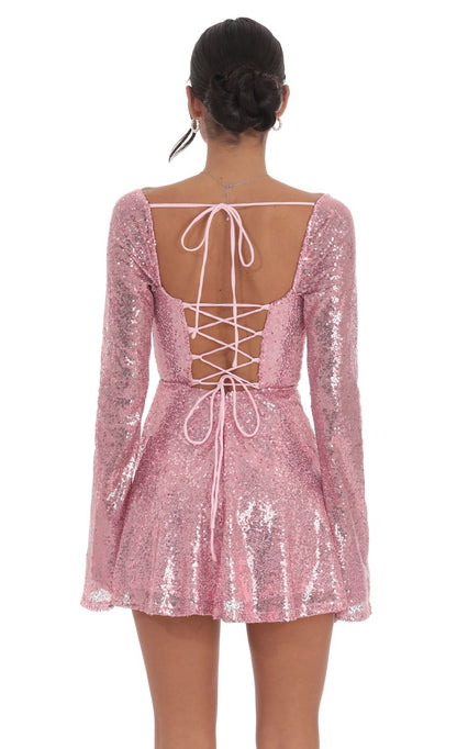 Lucy In The Sky Sequin Flare Dress in Rose Gold