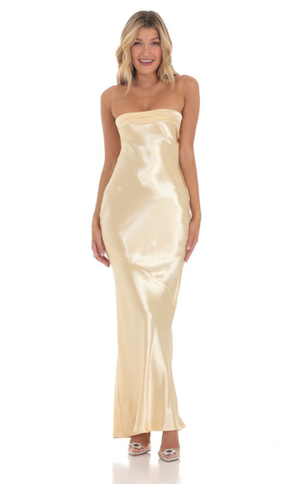 Lucy in the Sky Strapless Satin Open Back Maxi Dress
