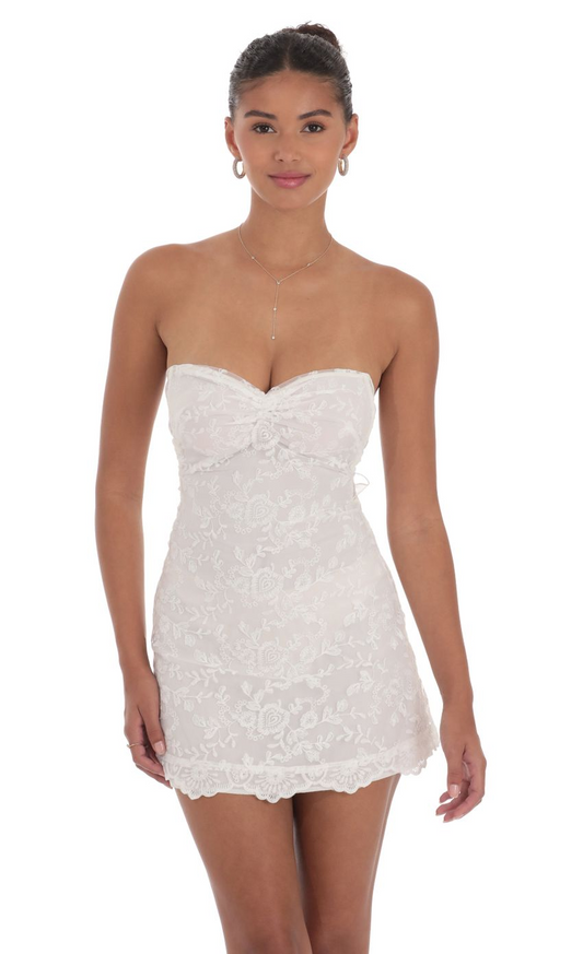 Lucy in the Sky Embroidered Floral Strapless Dress in White