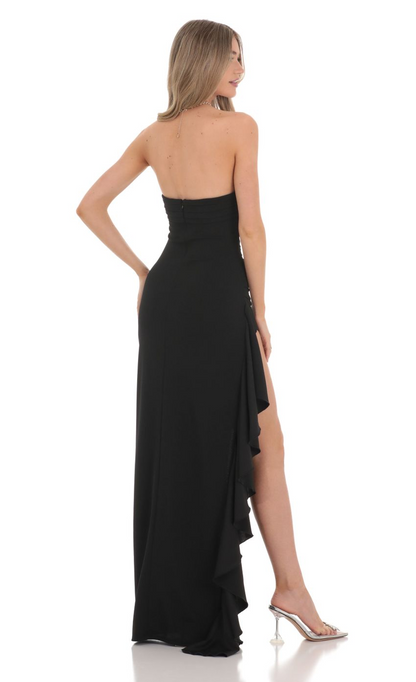 Lucy in the Sky Strapless Ruched Ruffle Maxi Dress