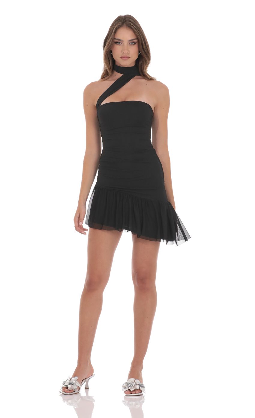 Lucy In The Sky Asymmetrical Mesh Scarf Dress in Black