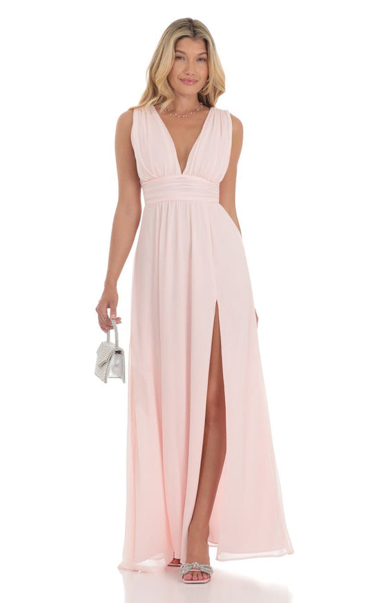 Lucy in the Sky Chiffon Plunge Maxi Dress in Pink