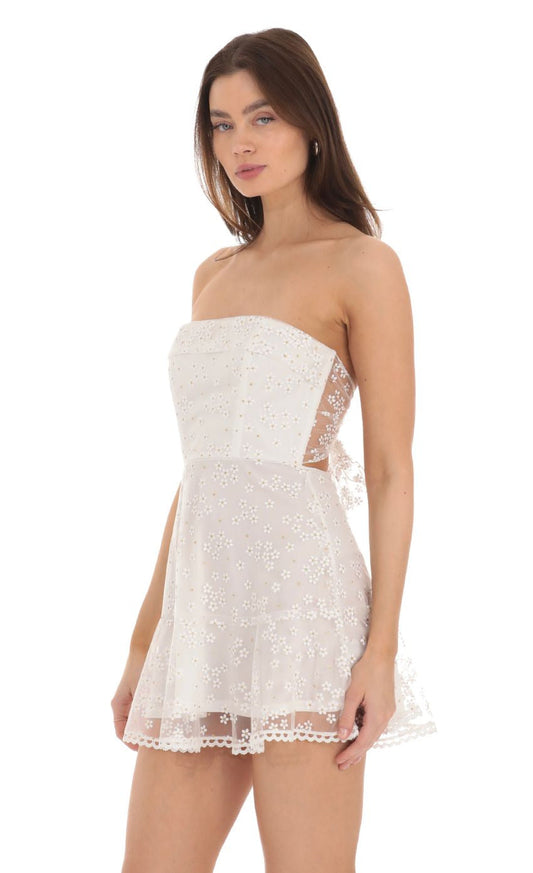 Lucy in the Sky Strapless Floral Shimmer Corset Dress in White