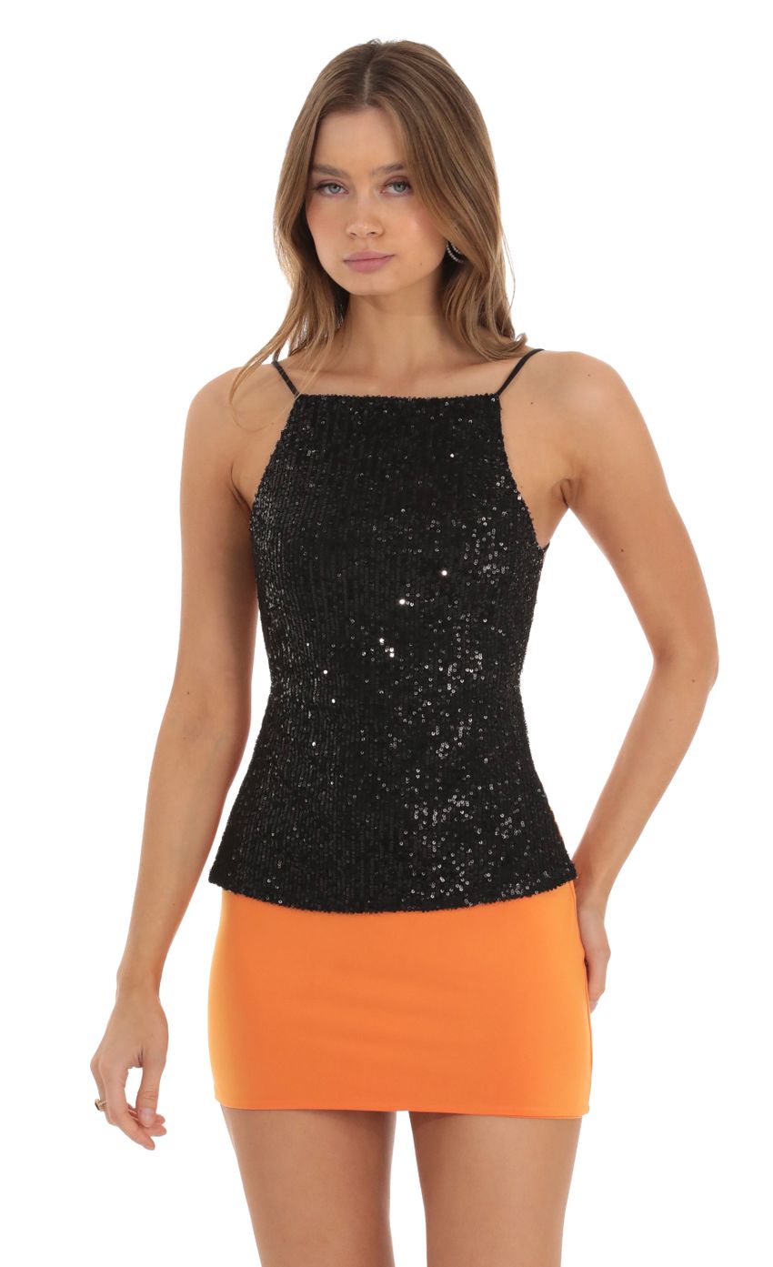 Lucy in the Sky Sequin Open Back Top in Black