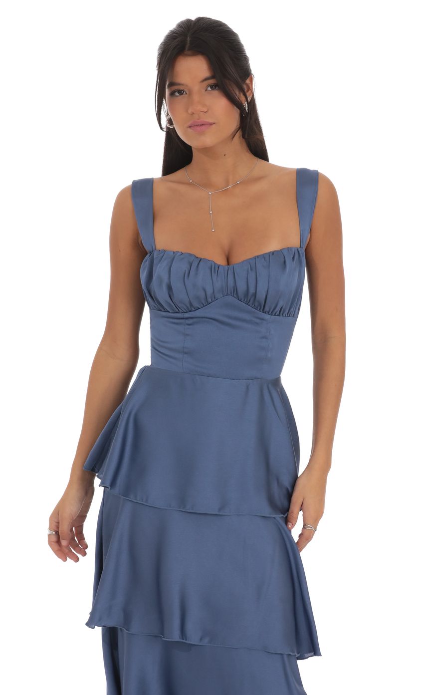 Lucy In The Sky Satin Ruffle Maxi Dress in Slate Blue