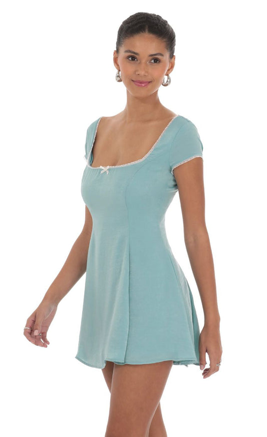 Lucy in the Sky Satin Short Sleeve A-line Dress in Aqua Blue