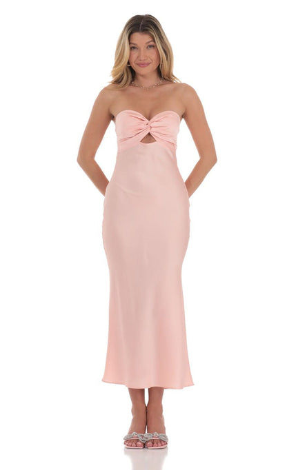 Lucy in the Sky Satin Twist Cutout Midi Dress in Pink