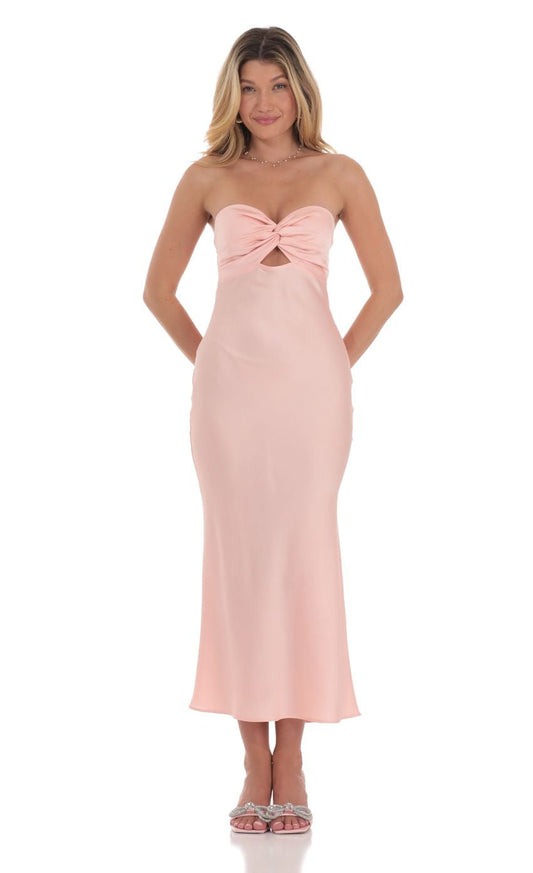 Lucy in the Sky Satin Twist Cutout Midi Dress in Pink