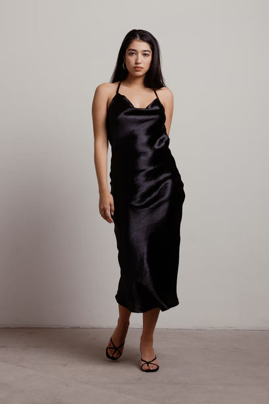Tobi So Shiny Satin Cross Back Midi Dress