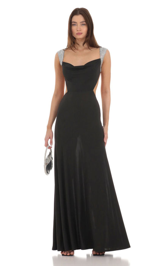 Lucy in the Sky Silver Sequin Open Back Cowl Neck Dress in Black