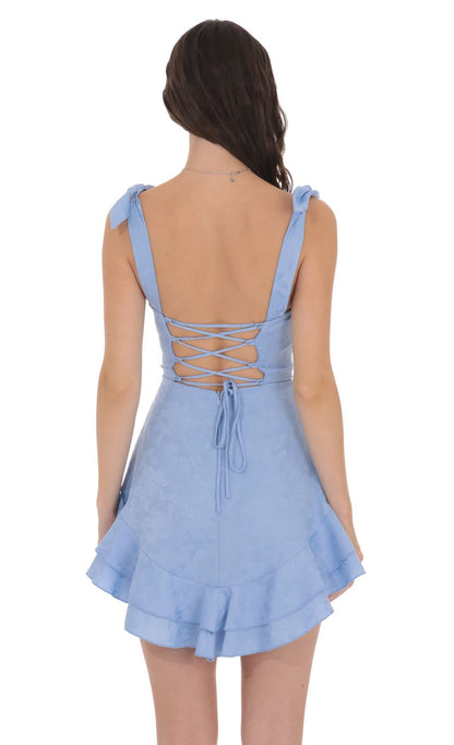 Lucy In The Sky Floral Jacquard Ruffle A-line Dress in Light Blue