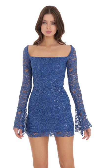 Lucy in the Sky Sequin Lace Long Sleeve Bodycon Dress in Blue
