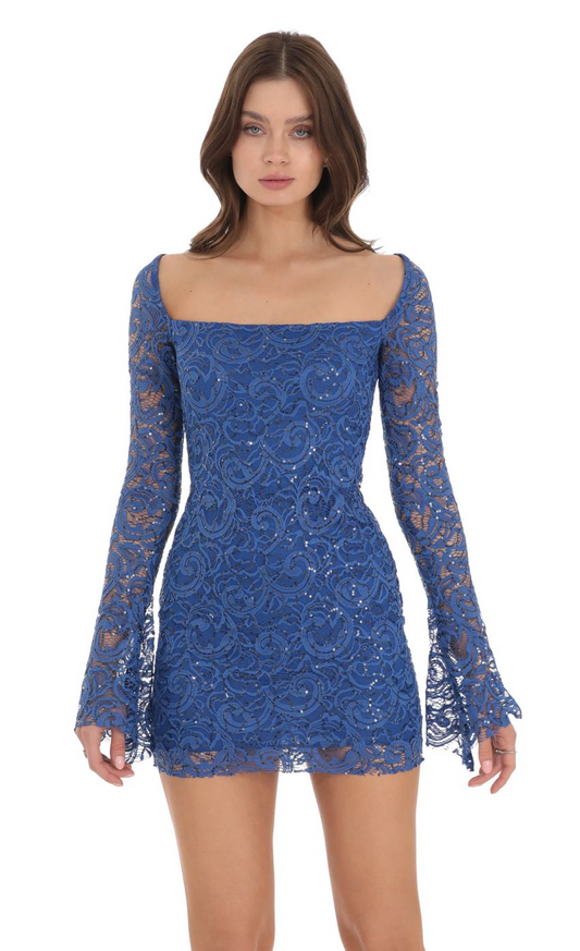 Lucy in the Sky Sequin Lace Long Sleeve Bodycon Dress in Blue