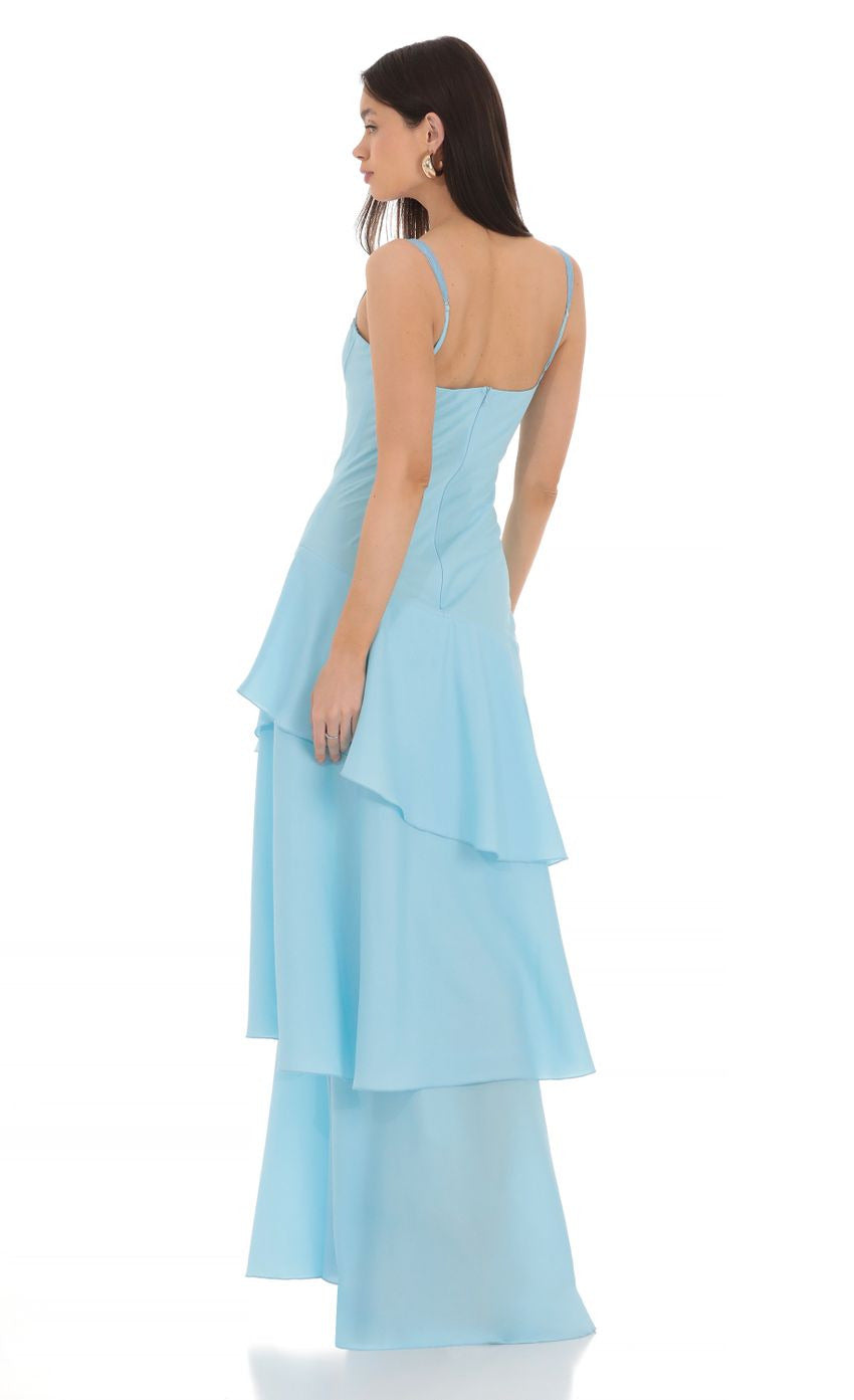 Lucy in the Sky Long Ruffle Maxi Dress in Light Blue