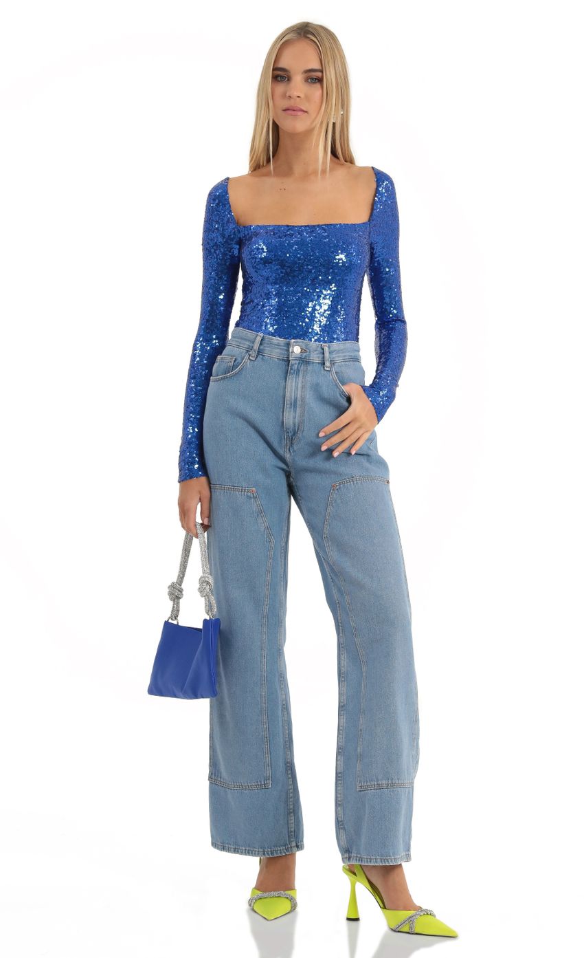 Lucy in the Sky Sequin Long Sleeve Bodysuit in Blue