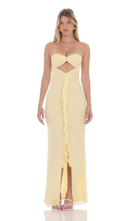 Lucy In The Sky Mesh Cutout Ruffle Maxi Dress in Yellow