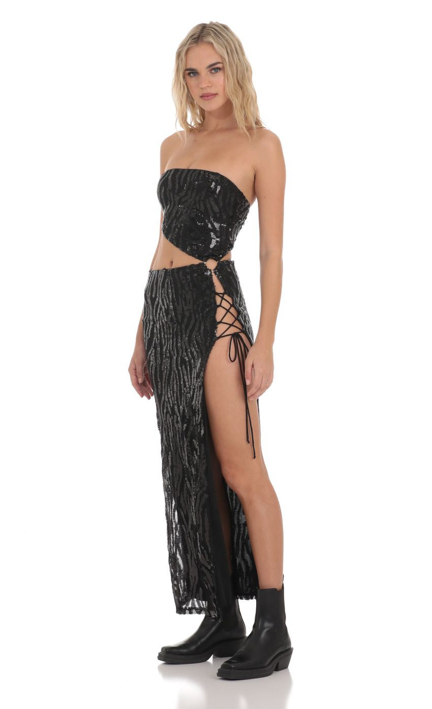 Lucy in the Sky Strapless Sequin Cutout Maxi Dress in Black