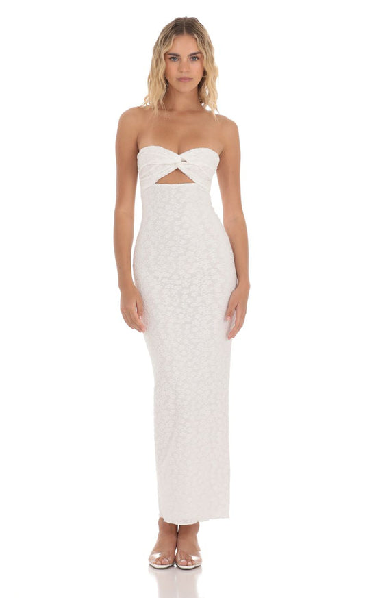 Lucy in the Sky Strapless Textured Floral Twist Maxi Dress