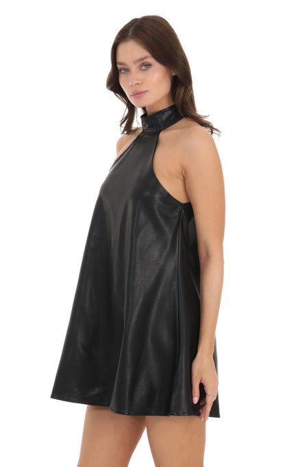 Lucy In The Sky Faux Leather Shift Dress in Black