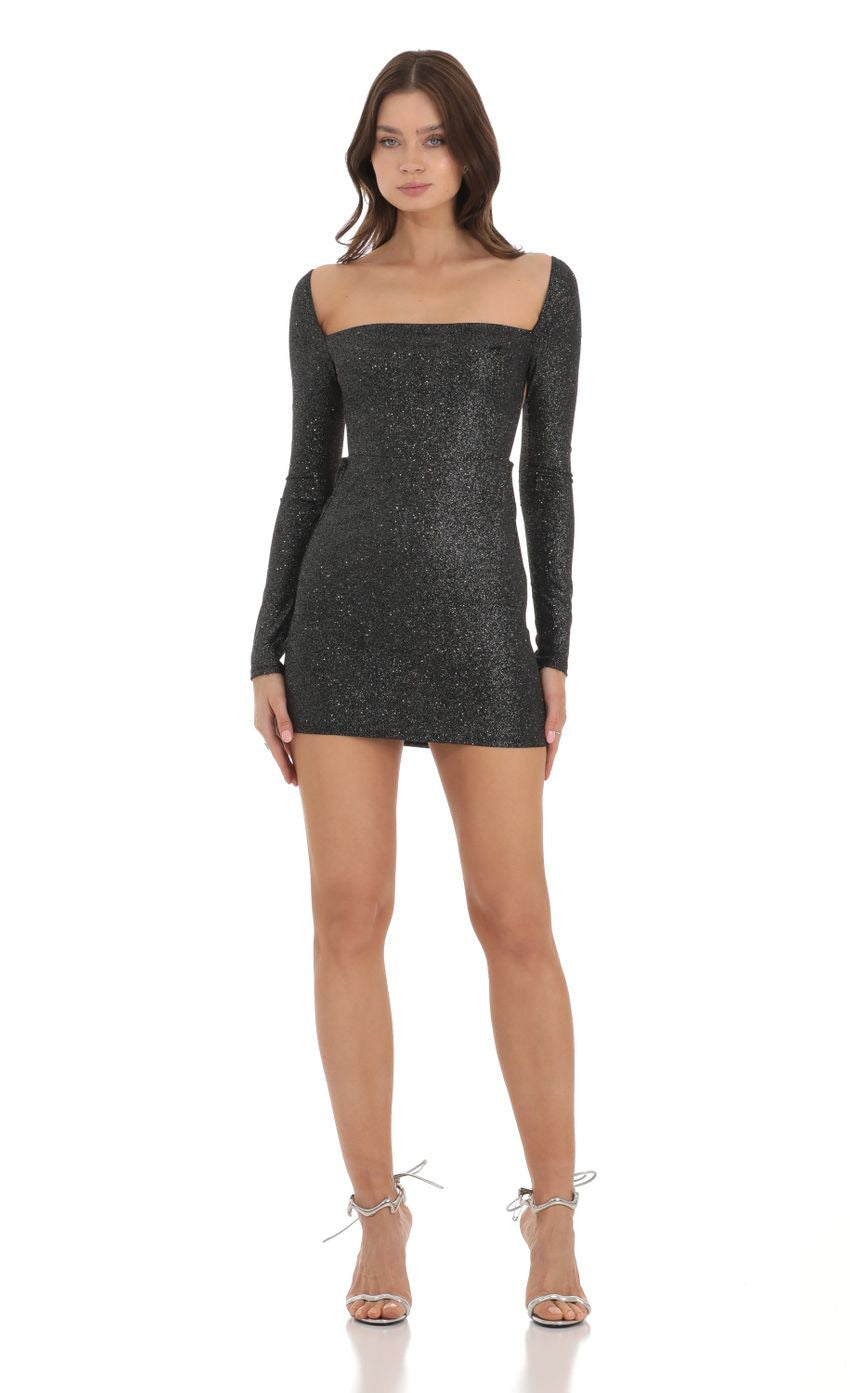 Lucy in the Sky Shimmer Long Sleeve Open Back Bodycon Dress in Black