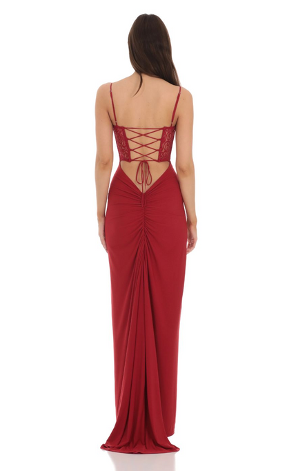 Lucy in the Sky Sequin Lace Cutout Maxi Dress in Red