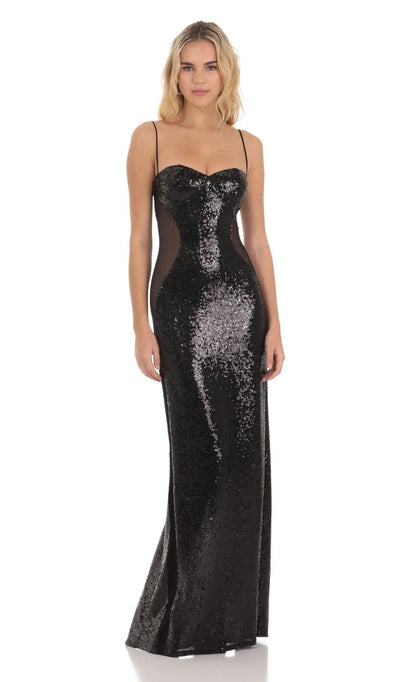 Lucy in the Sky Sequin Mesh Side Cutout Maxi Dress in Black