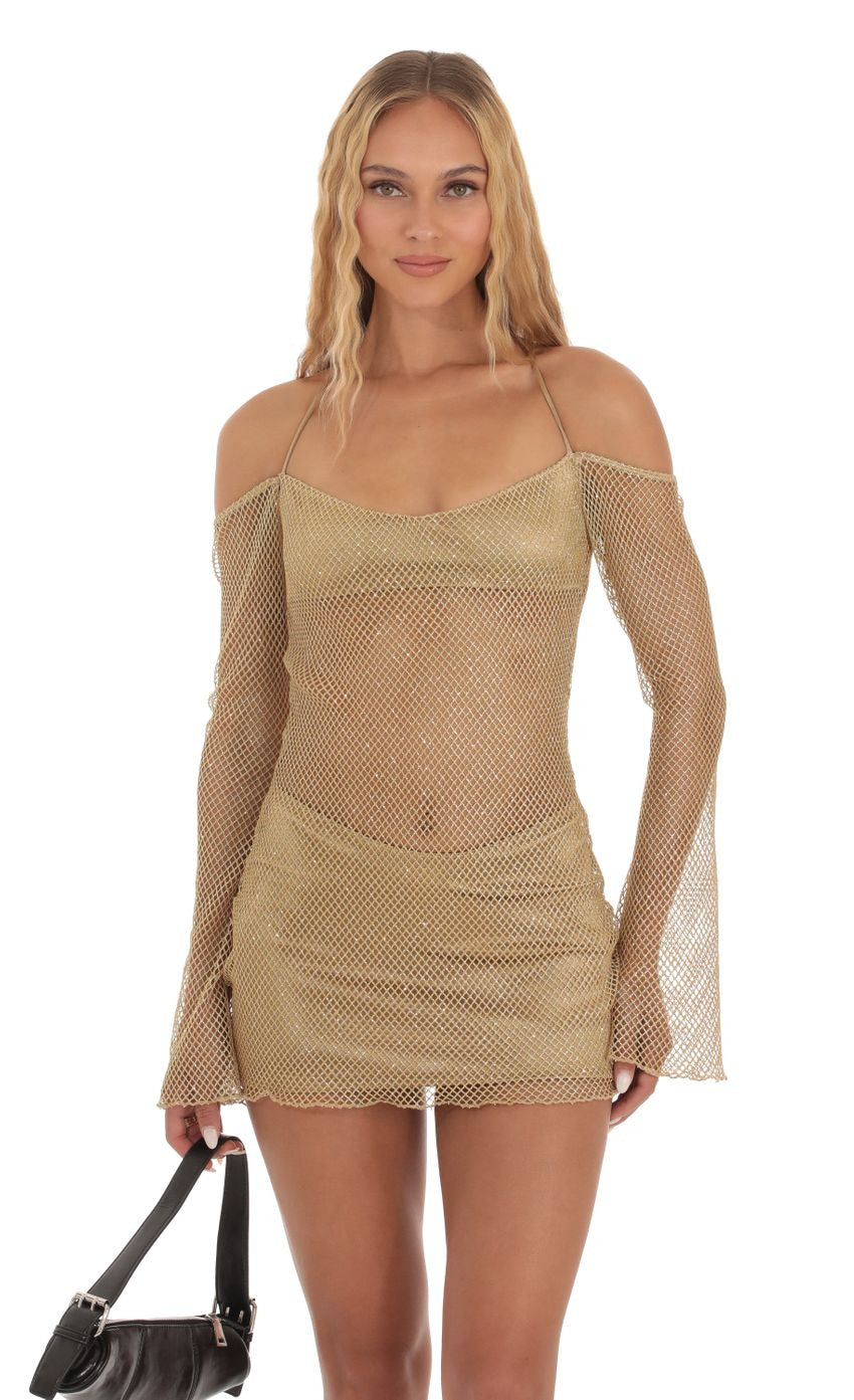 Lucy in the Sky Shimmer Fishnet Off Shoulder Dress in Gold