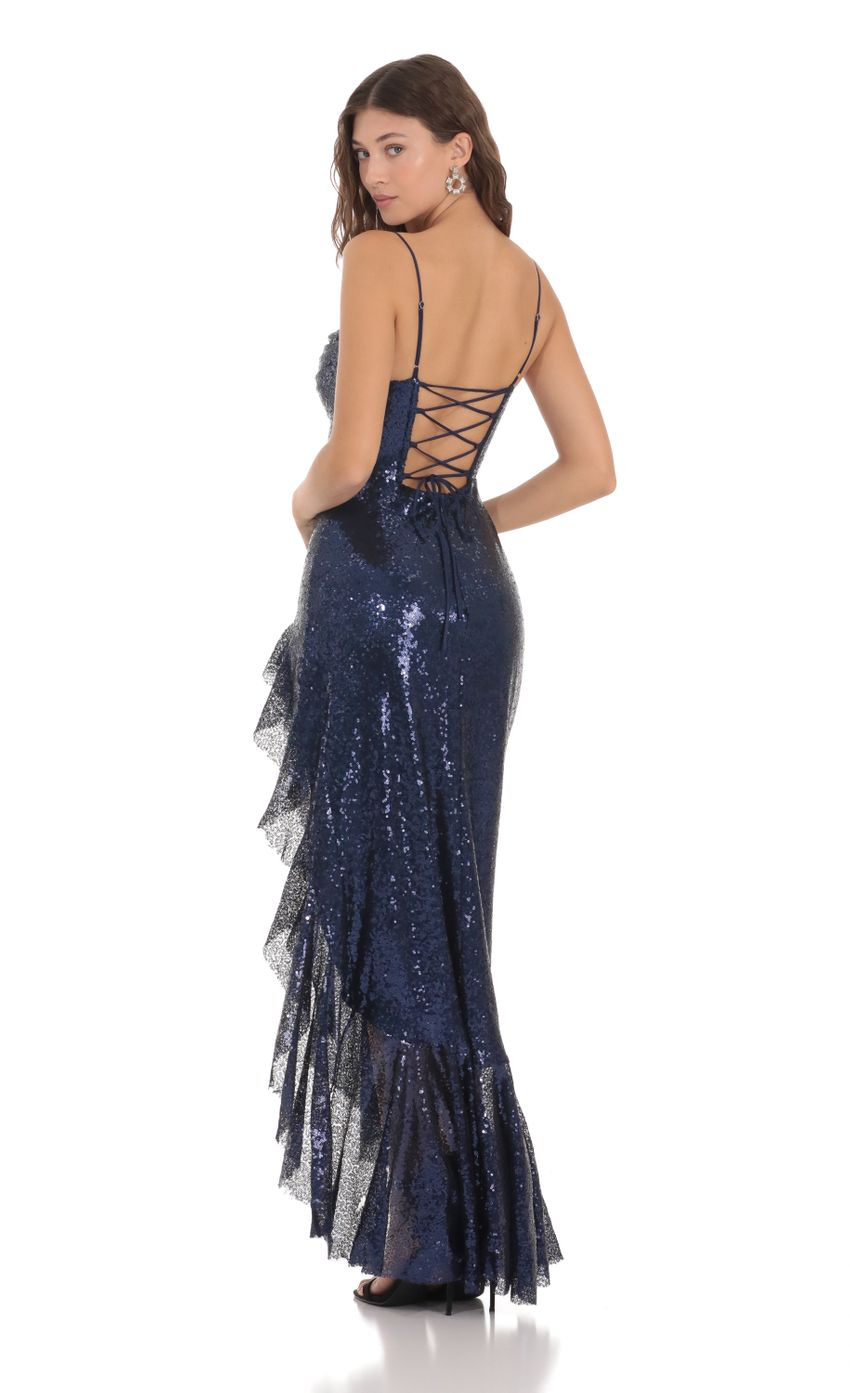 Lucy in the Sky Sequin Ruffle Dress in Navy