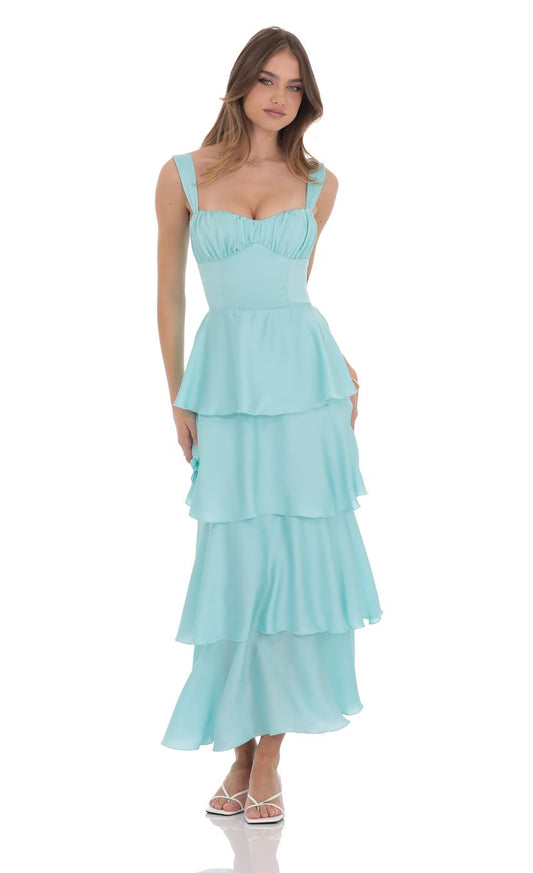 Lucy In The Sky Ruffle Maxi Dress in Aqua Blue