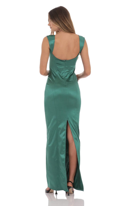 Lucy In The Sky Satin Bodycon Maxi Dress in Green