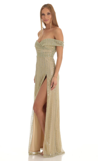 Lucy in the Sky Sequin Striped Off The Shoulder Maxi Dress in Gold