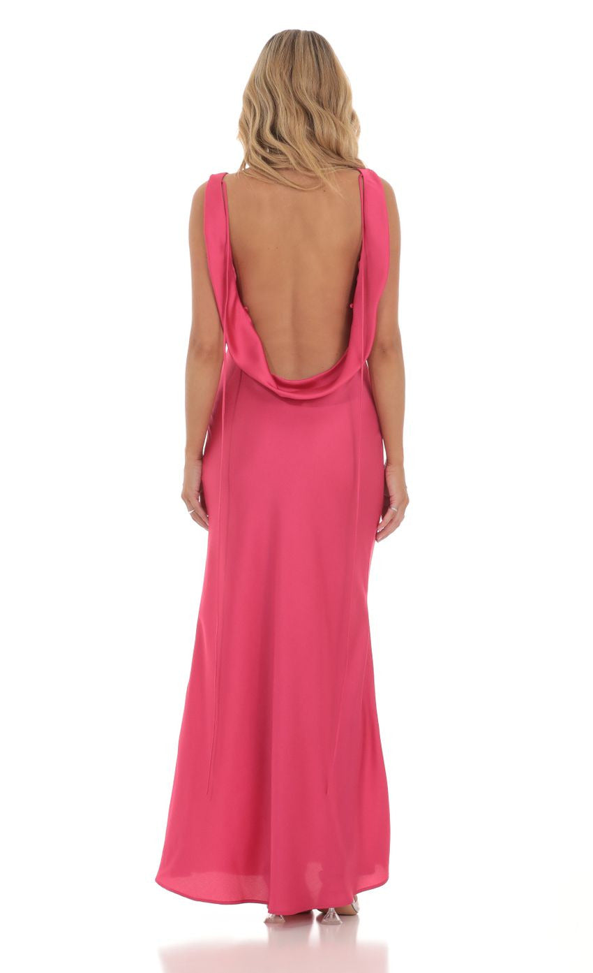 Lucy in the Sky Satin High Neck Open Back Maxi Dress in Magenta