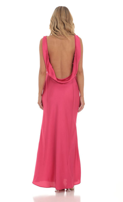 Lucy in the Sky Satin High Neck Open Back Maxi Dress in Magenta