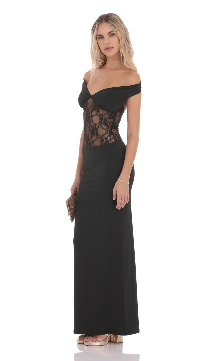 Lucy In The Sky Off Shoulder Lace Cutout Maxi Dress in Black