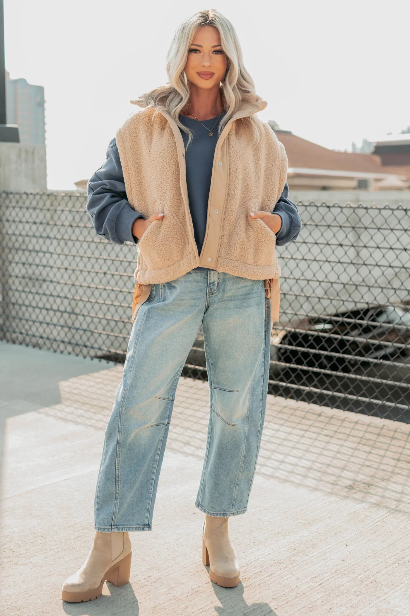 NanaMacs Dream Ahead Fleece Side Tie Vest (Tan)