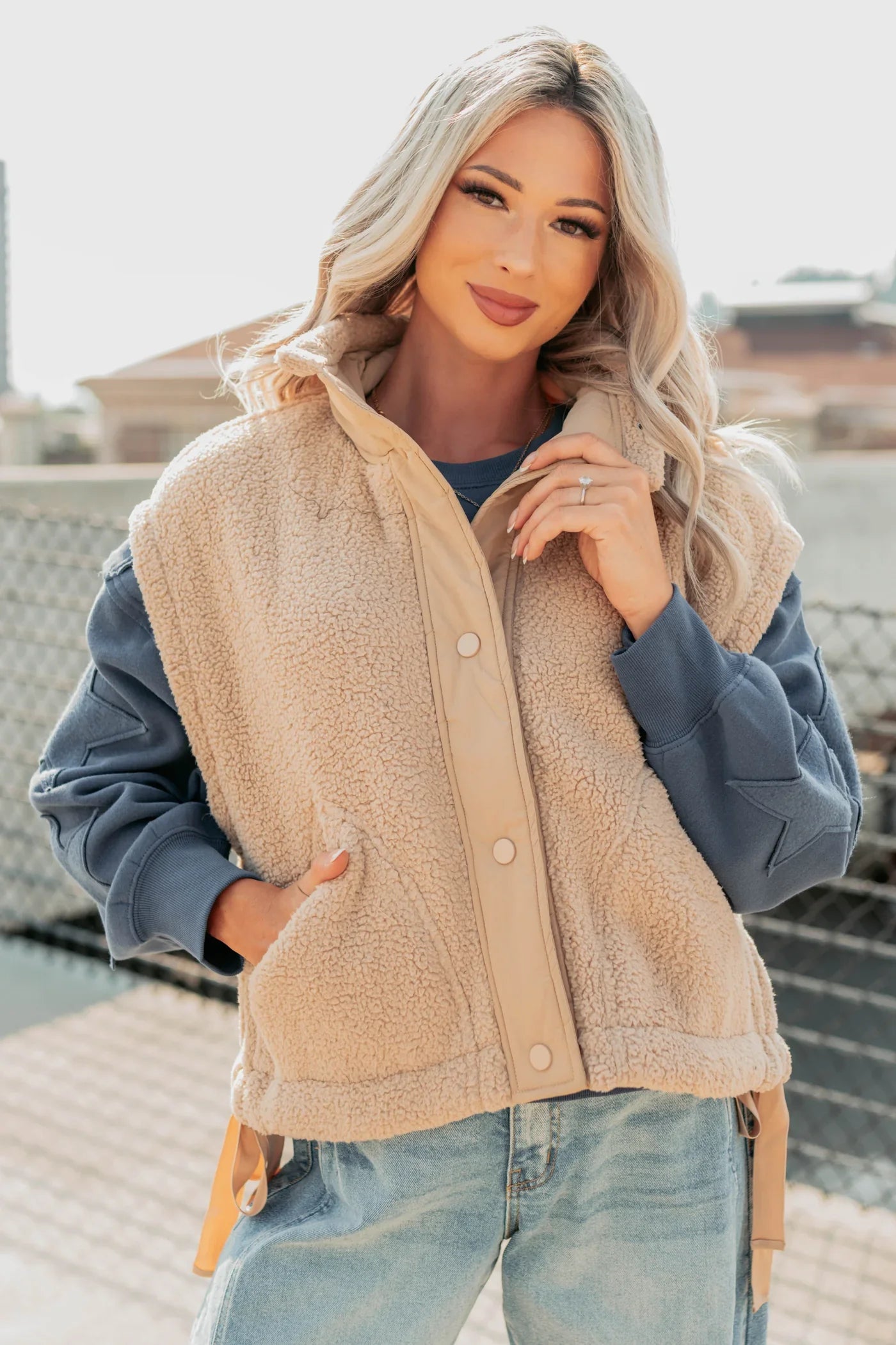 NanaMacs Dream Ahead Fleece Side Tie Vest (Tan)