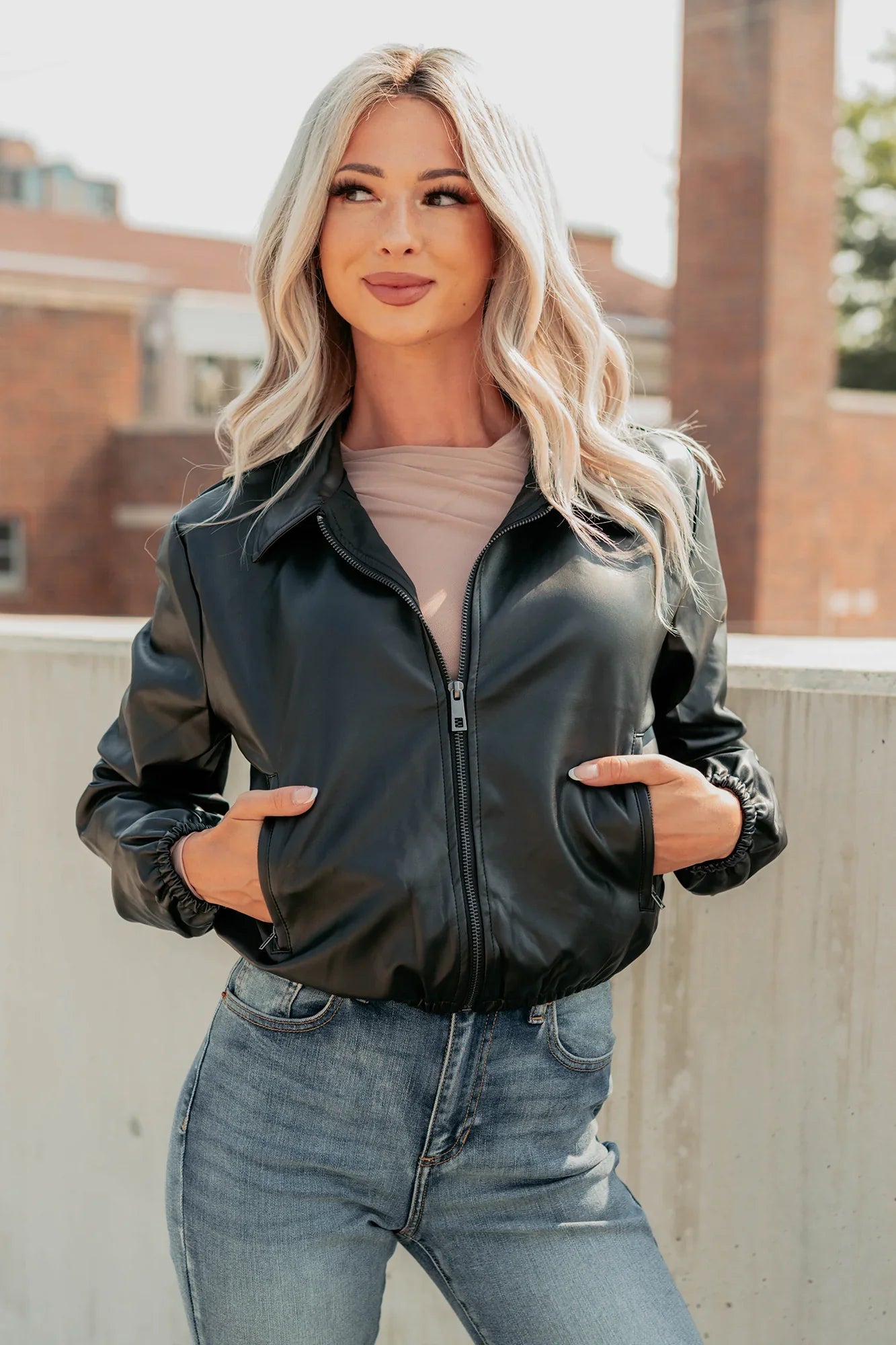 NanaMacs Fearless Moves Faux Leather Zip-Up Jacket (Black)