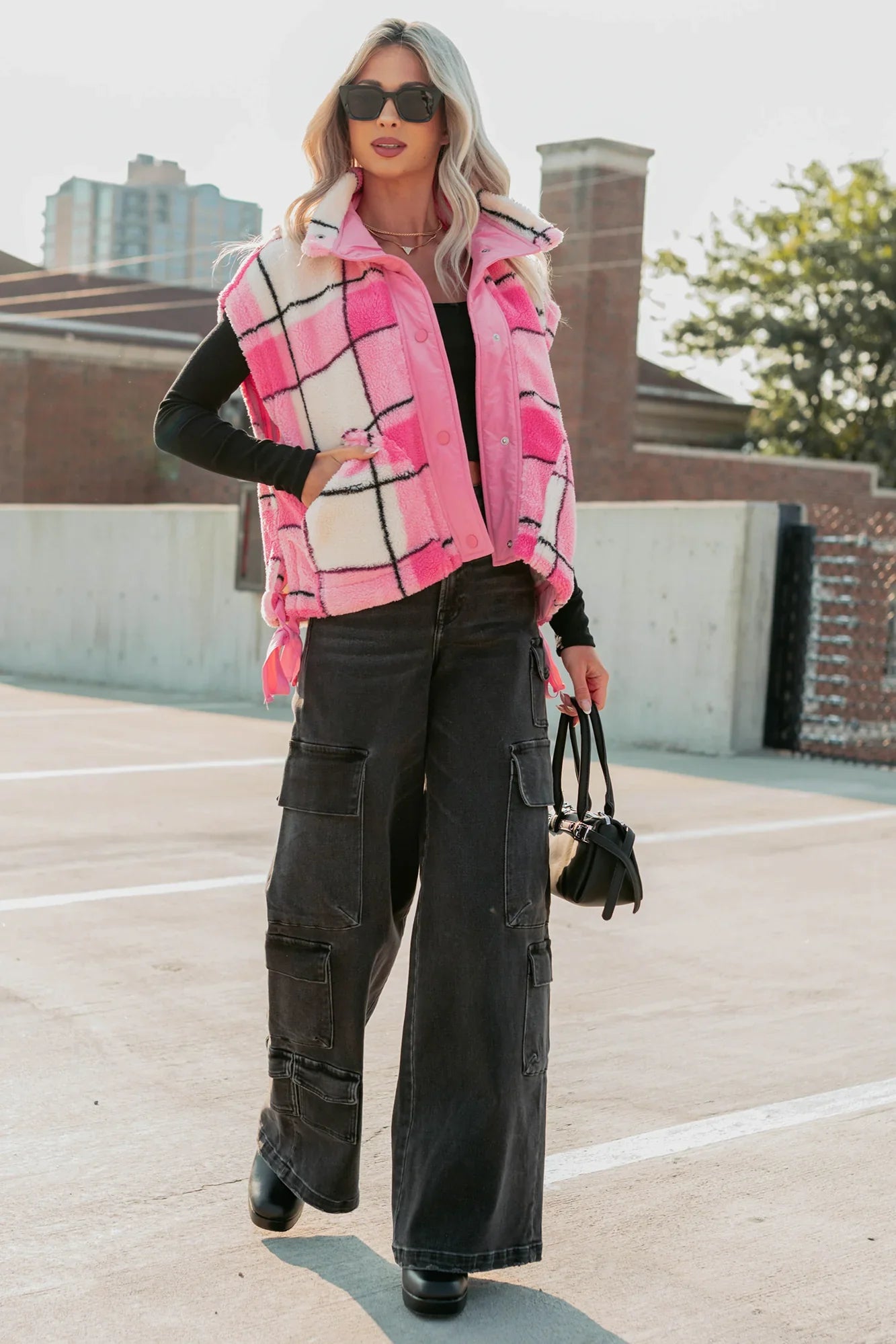 NanaMacs Let It All Go Plaid Fleece Vest (Pink)