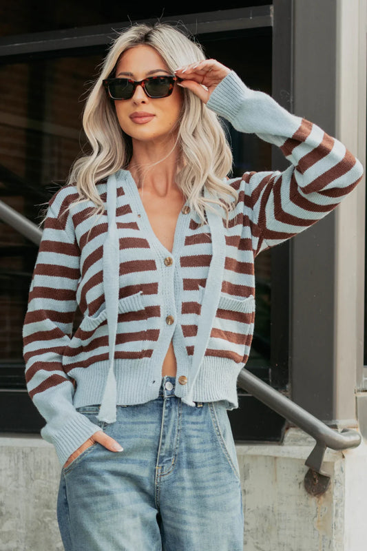 NanaMacs Sinking In Striped Knit Hooded Cardigan (Light Blue)