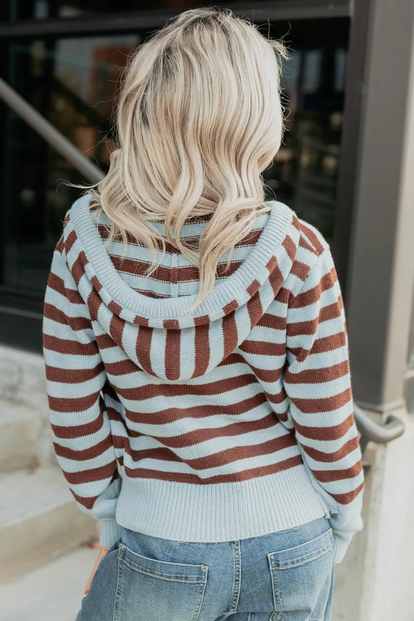 NanaMacs Sinking In Striped Knit Hooded Cardigan (Light Blue)