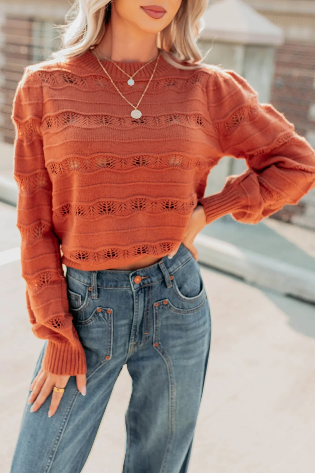NanaMacs Quiet Mornings Open Knit Detailed Sweater (Terracotta)