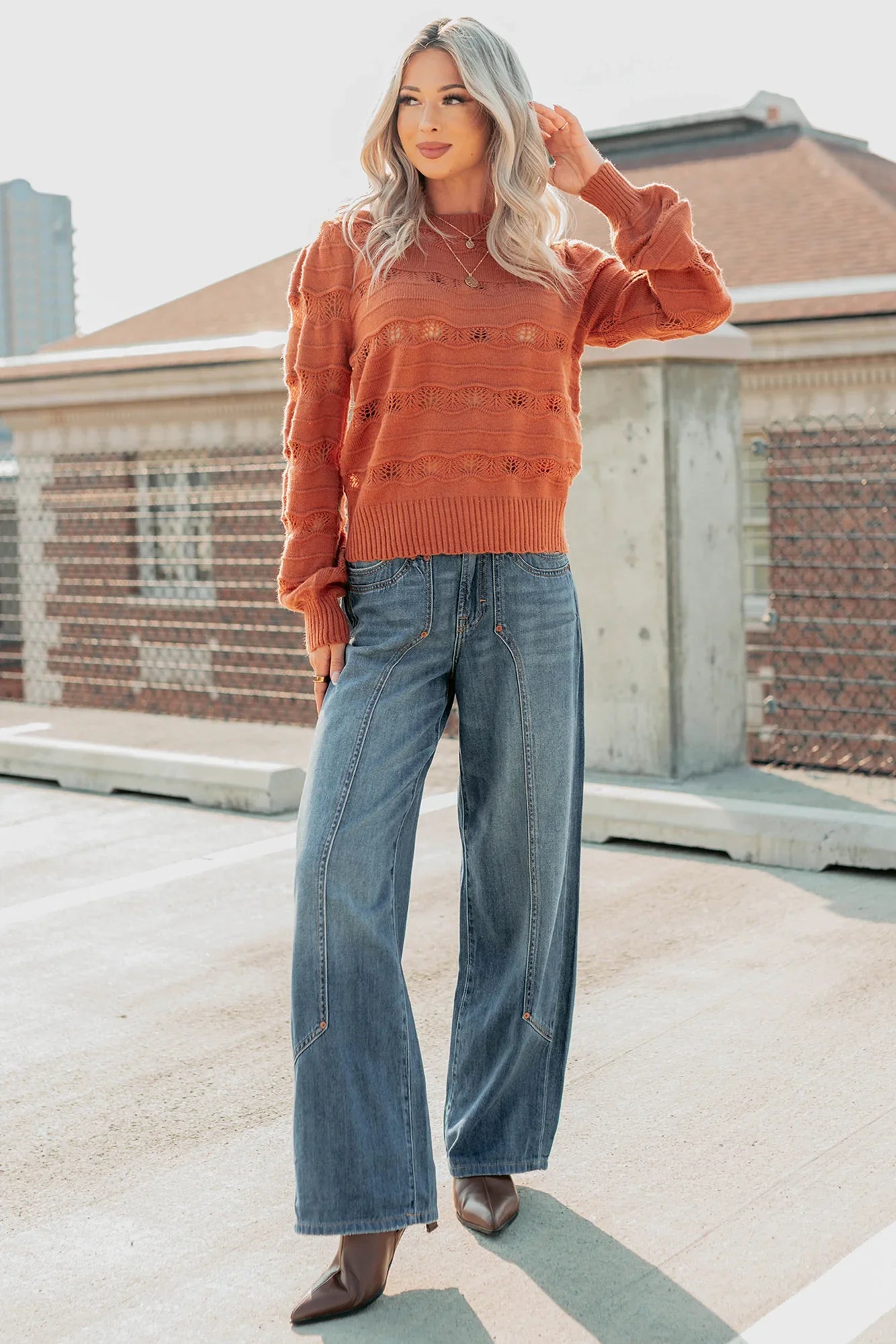 NanaMacs Quiet Mornings Open Knit Detailed Sweater (Terracotta)