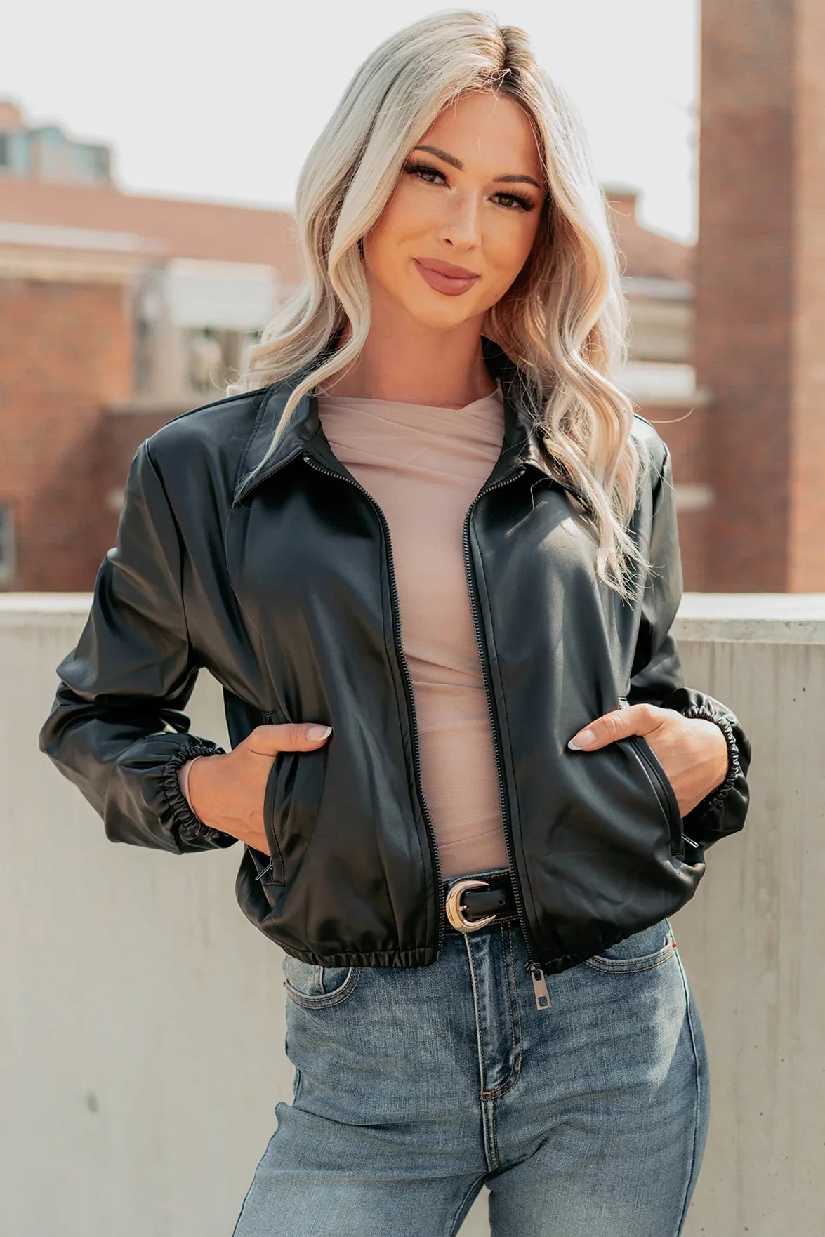 NanaMacs Fearless Moves Faux Leather Zip-Up Jacket (Black)