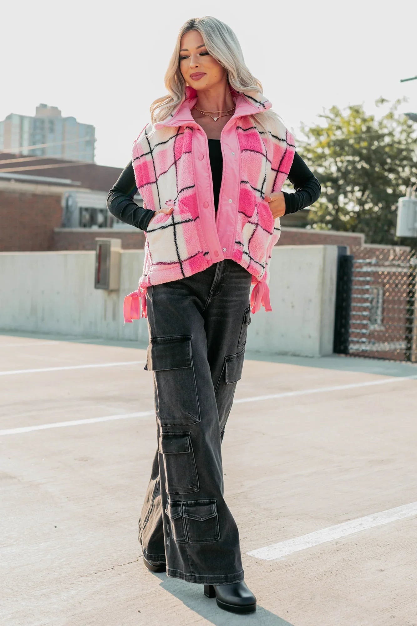 NanaMacs Let It All Go Plaid Fleece Vest (Pink)