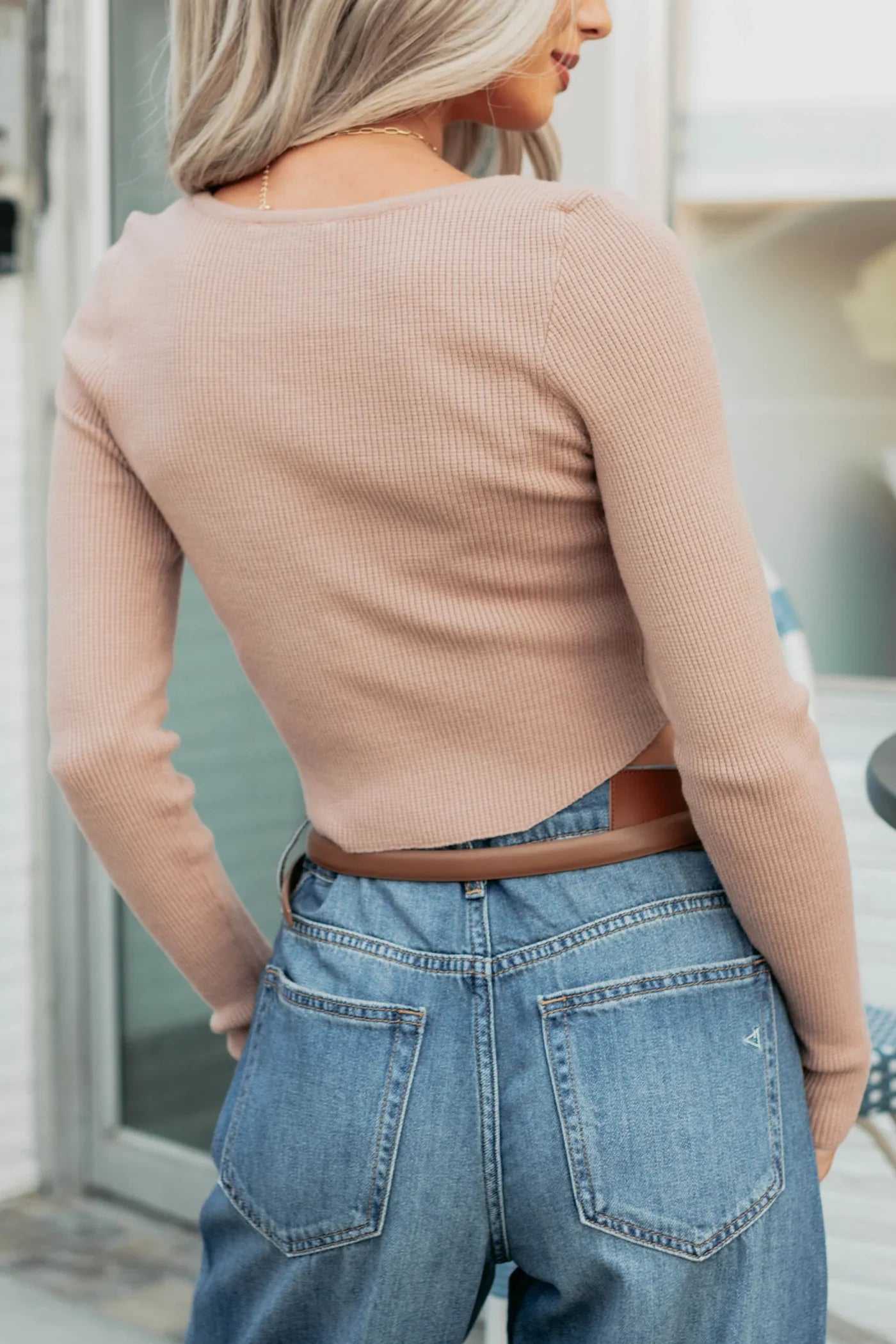 NanaMacs Say It First Scoop Neck Long Sleeve Crop Top (Dark Taupe)