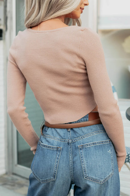 NanaMacs Say It First Scoop Neck Long Sleeve Crop Top (Dark Taupe)