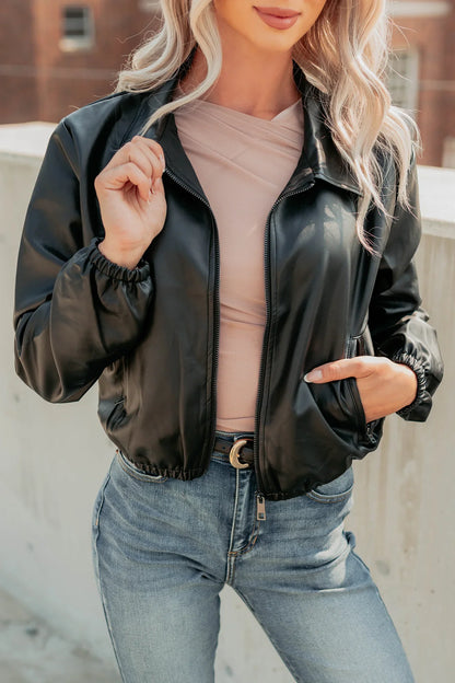 NanaMacs Fearless Moves Faux Leather Zip-Up Jacket (Black)