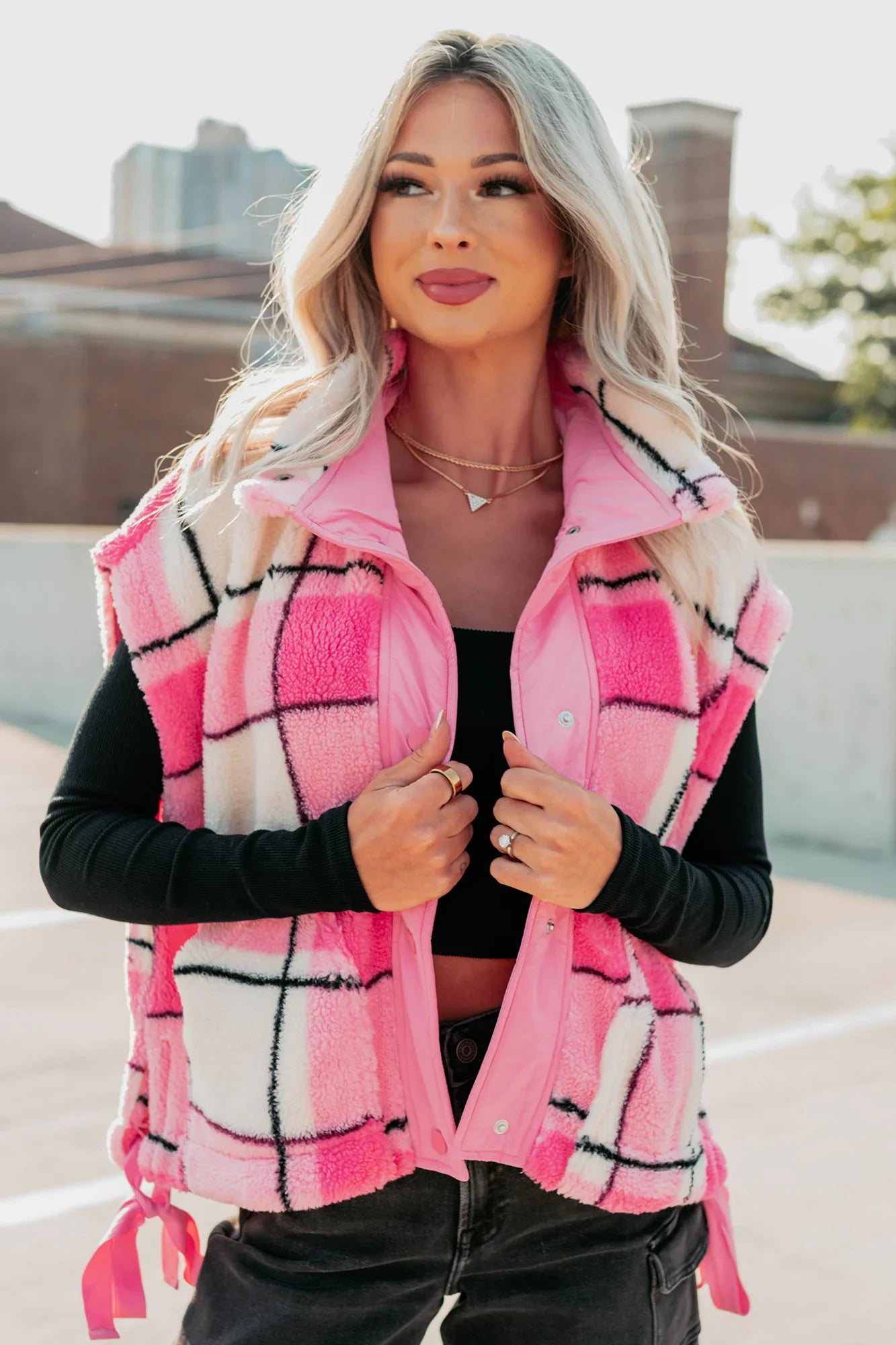 NanaMacs Let It All Go Plaid Fleece Vest (Pink)